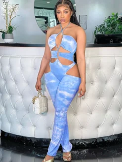 Sexy Hollow Out Tie Dye Halter Women Jumpsuit