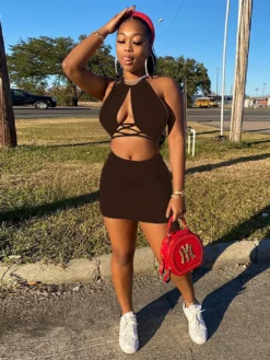 Ruched Solid Tie Wrap Two Piece Skirt Sets