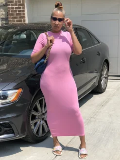 Pure Color Plain Short Sleeve Sheath Maxi Dress