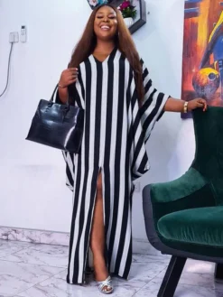 Striped Loose Bat Sleeve Plus Size Maxi Dress