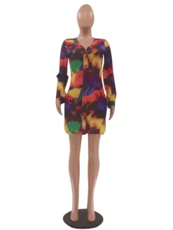 Leisure Tie Dye V Neck Shirt Long Sleeve Dress