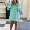 Casual Loose Lantern Sleeve Pure Color Short Dress