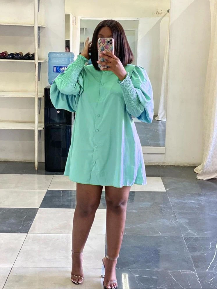 Casual Loose Lantern Sleeve Pure Color Short Dress