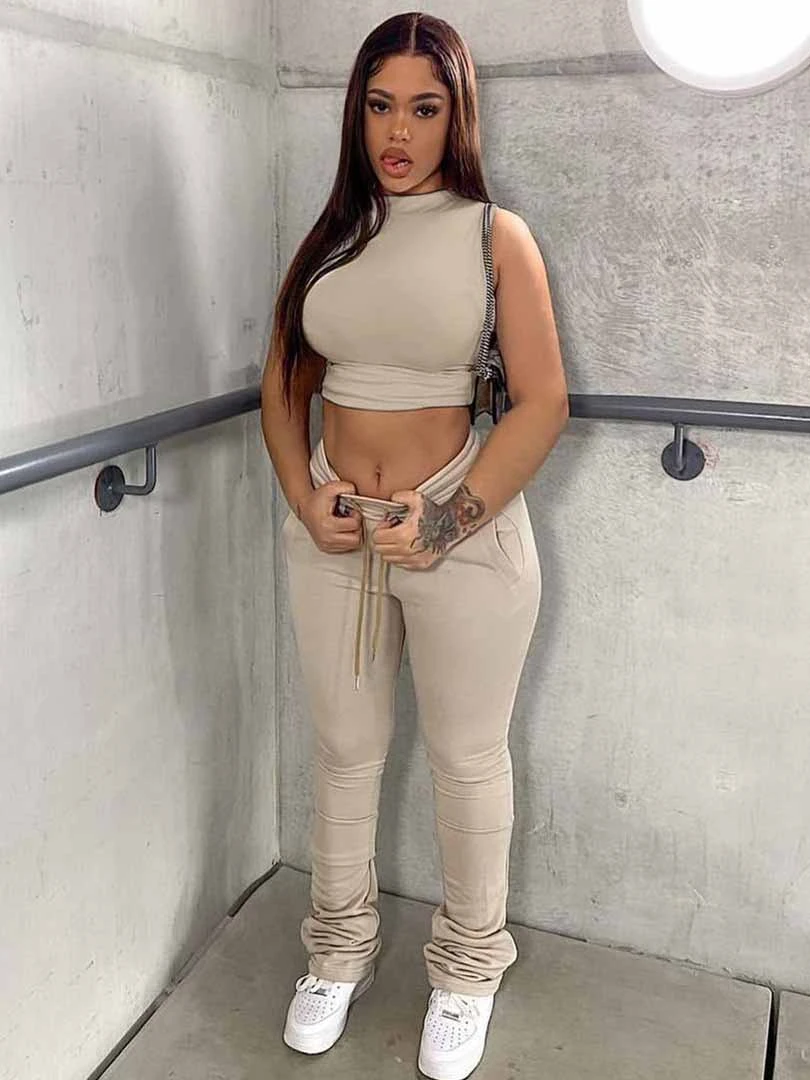 Solid Summer Casual Crop Top And Stacked Pants Set