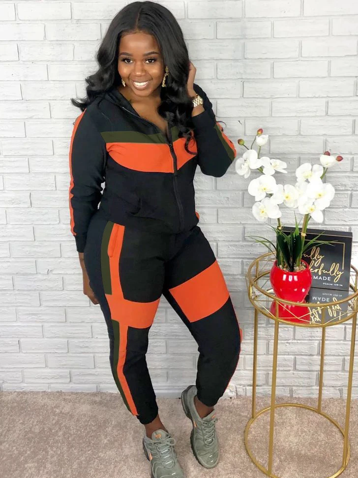 Contrast Color Casual Hooded Collar Two Pieces Set