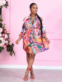 Pretty Print Tie-Wrap Long Sleeve Dress