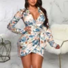 Register Print V Neck Sheath Long Sleeve Short Dress