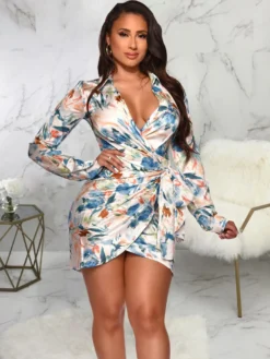 Register Print V Neck Sheath Long Sleeve Short Dress