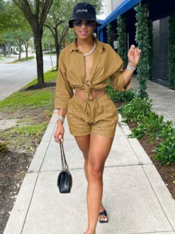 Casual Solid Blouse 2 Piece Short Pant Sets