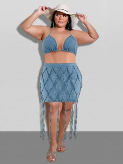 Sexy Solid Fringe Halter Top And Skirt Set