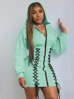 Fashion High Waist Bandage Hoodie Mini Dress
