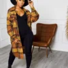 Fashion Contrast Color Long Sleeve Plaid Coat