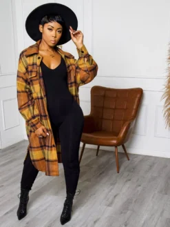 Fashion Contrast Color Long Sleeve Plaid Coat