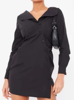 Plain Black Versatile Button Up Long Sleeve Dress