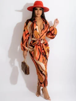 Casual Print Tie Wrap Long Sleeve Maxi Dress