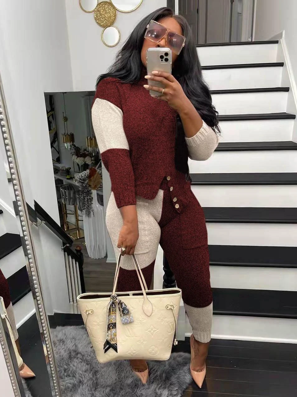 Contrast Color Long Sleeve Two Piece Casual Sets - Image 2