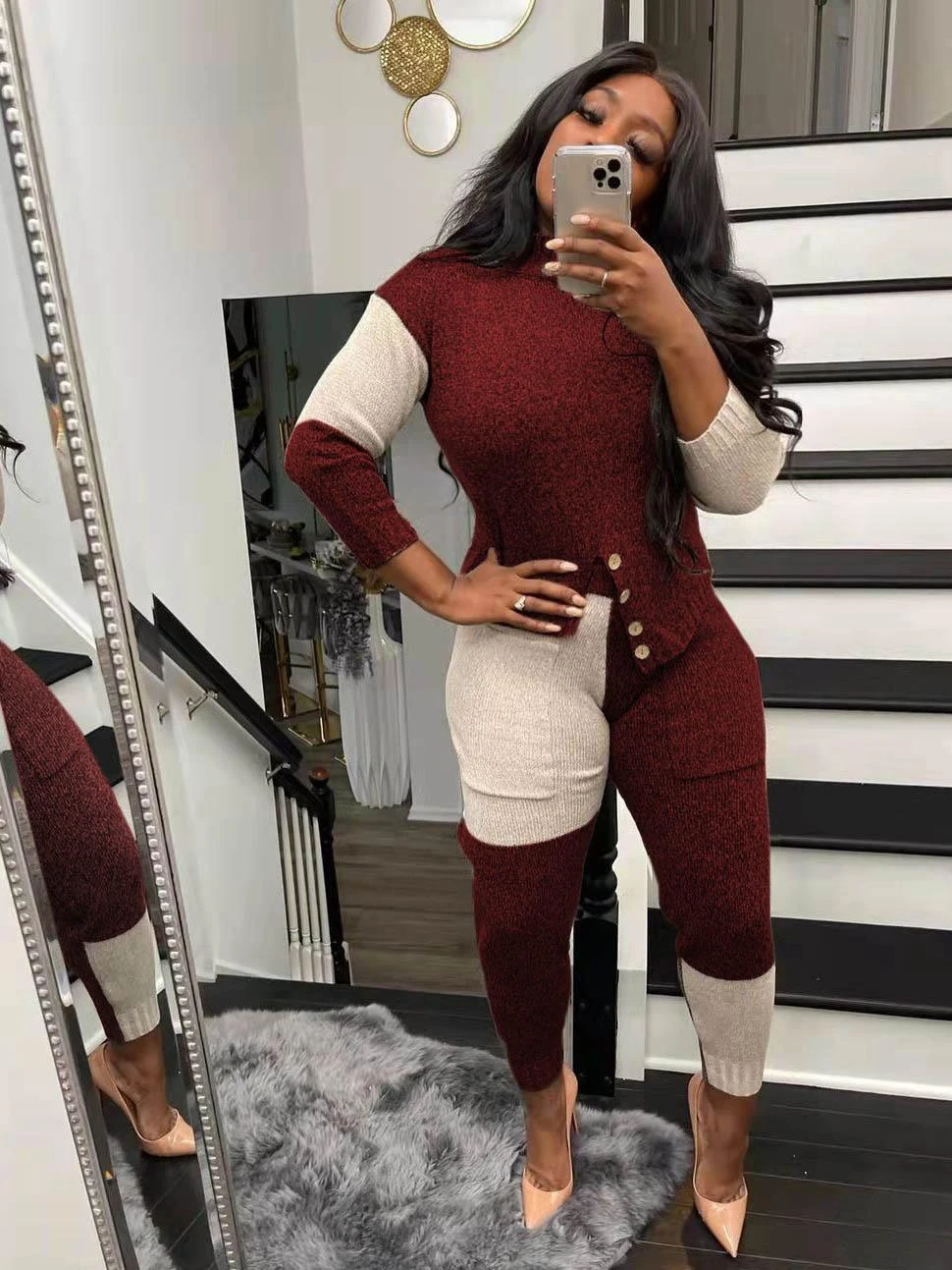 Contrast Color Long Sleeve Two Piece Casual Sets