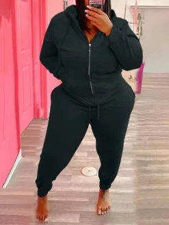 Zipper Hooded Collar Plus Size 2 Piece Workout Sets