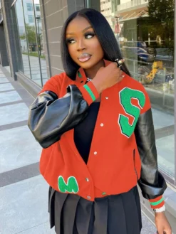 Letter Embroidery Pu Patch Stand Collar Baseball Coat