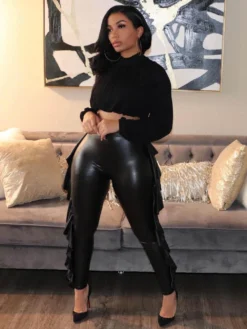 Chic Black Ruffles Mid Waist Pu Long Pants