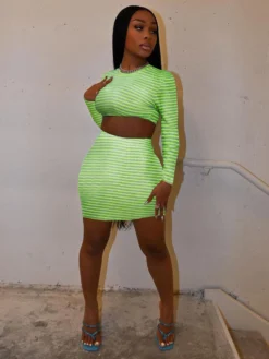 Sexy Long Sleeve Striped Two Piece Skirt Sets