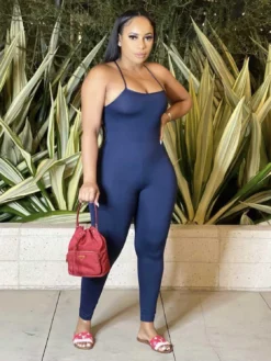 Backless Lace-Up Solid Bodycon Jumpsuit