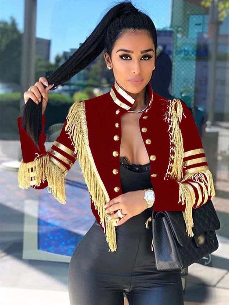 Single-Breasted Tassels Color Block Short Coat