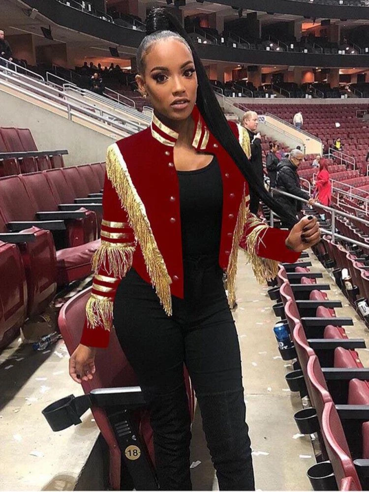 Single-Breasted Tassels Color Block Short Coat - Image 2