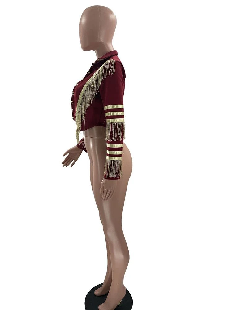 Single-Breasted Tassels Color Block Short Coat - Image 4