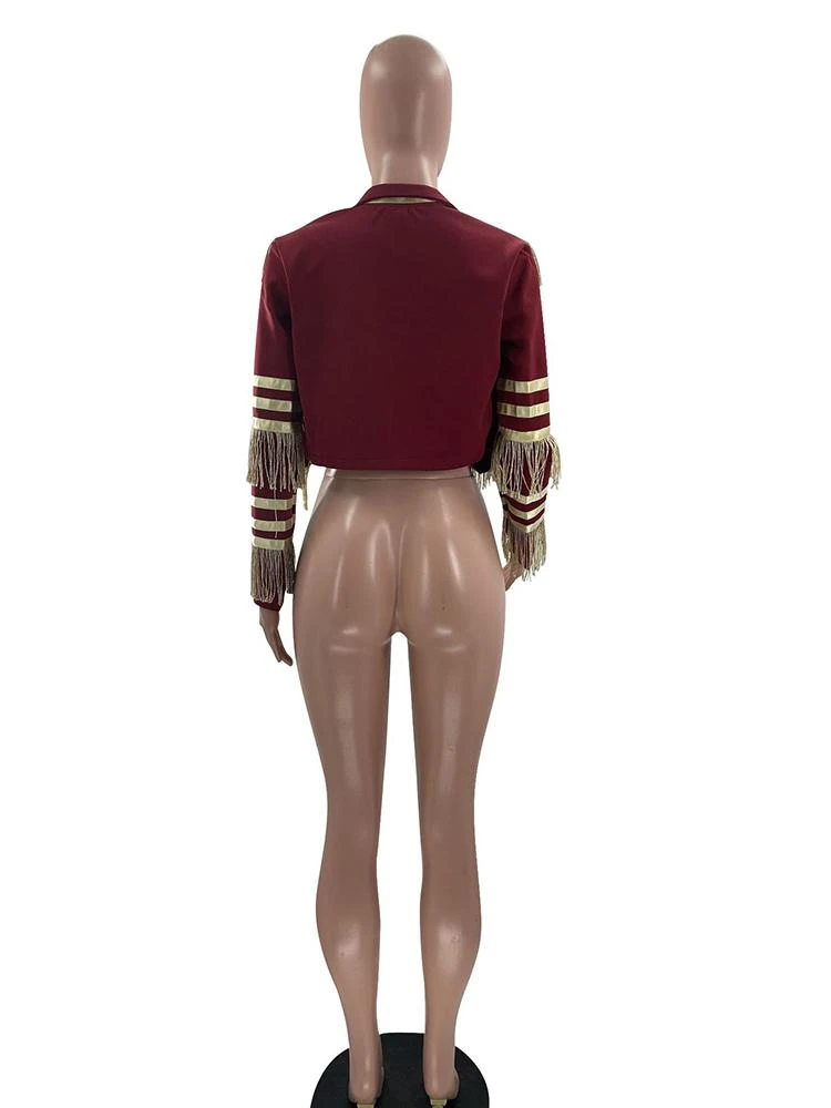 Single-Breasted Tassels Color Block Short Coat - Image 5