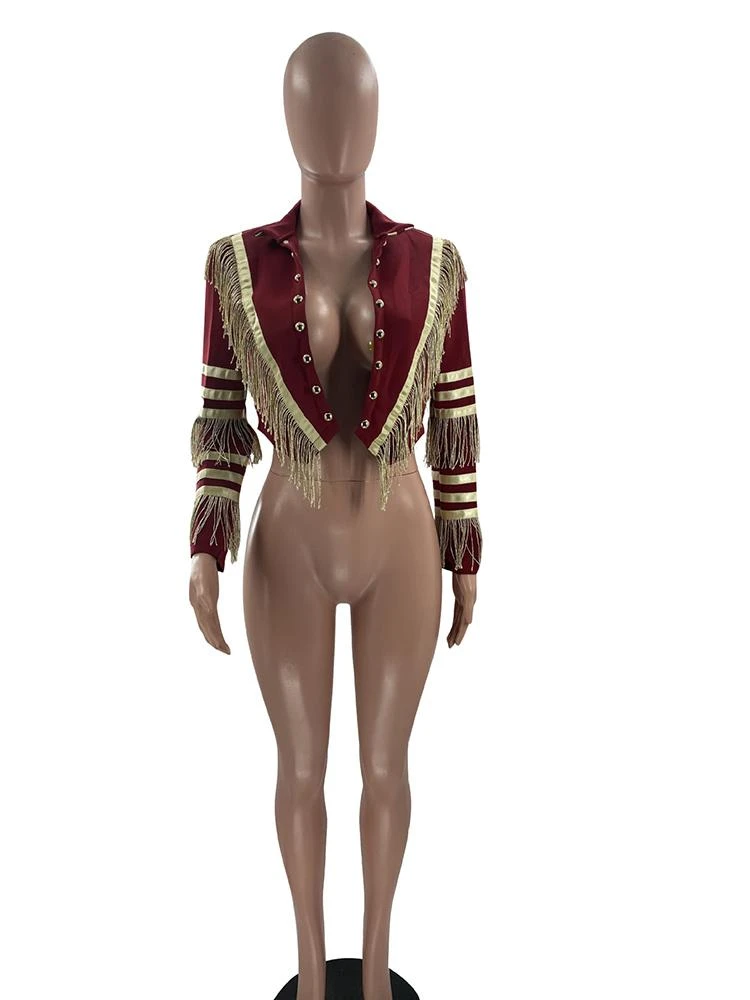 Single-Breasted Tassels Color Block Short Coat - Image 3