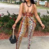 Animal Printed Backless Low Cut Sleevless Jumpsuit
