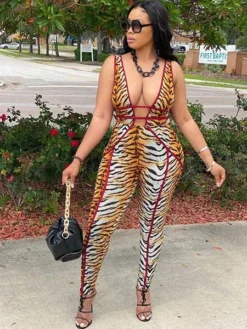 Animal Printed Backless Low Cut Sleevless Jumpsuit