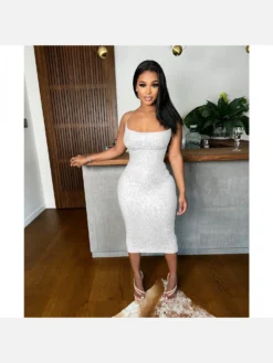 Backless Tie Wrap Sleeveless Midi Sequined Dress