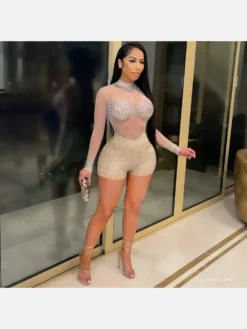 Zipper Up See Through Long Sleeve Short Rompers