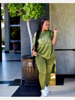 Inclined Shoulder Short Sleeve Top And Pant Set