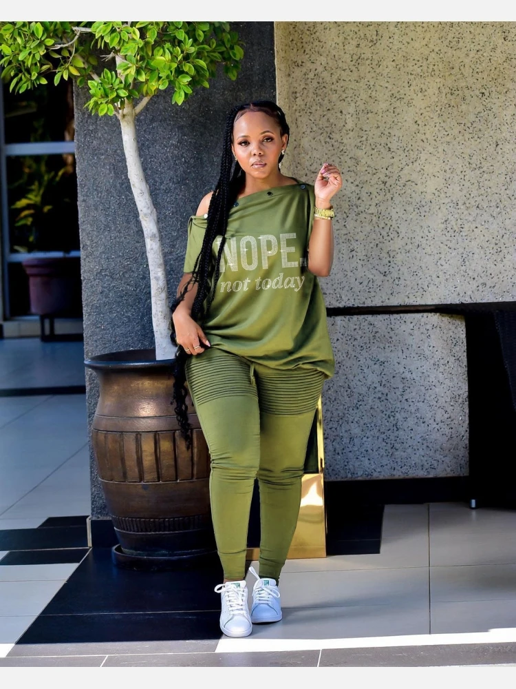 Inclined Shoulder Short Sleeve Top And Pant Set - Image 2