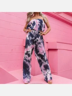 Stylish Ruffled Tie Dye Boot Cut Strapless Jumpsuit