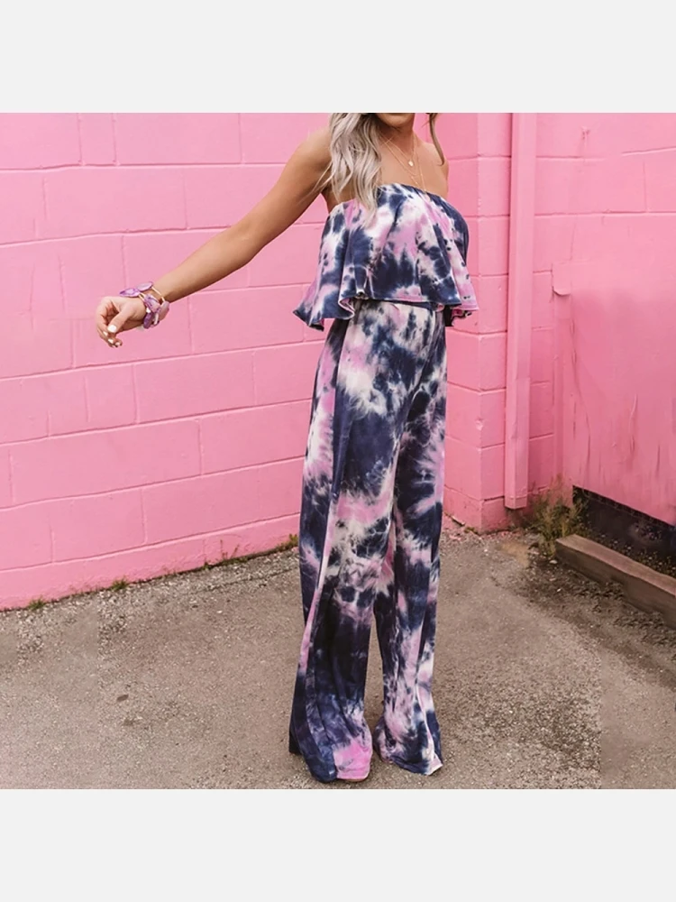 Stylish Ruffled Tie Dye Boot Cut Strapless Jumpsuit - Image 2