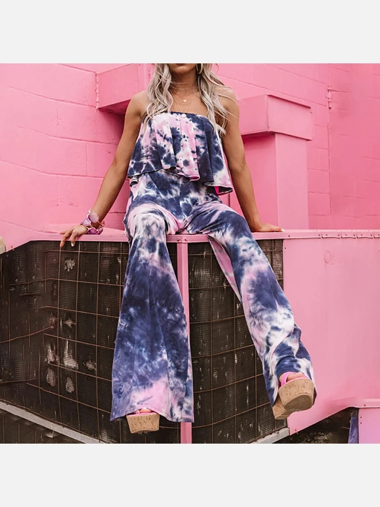 Stylish Ruffled Tie Dye Boot Cut Strapless Jumpsuit - Image 4