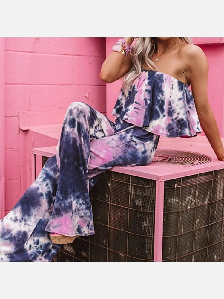 Stylish Ruffled Tie Dye Boot Cut Strapless Jumpsuit - Image 5
