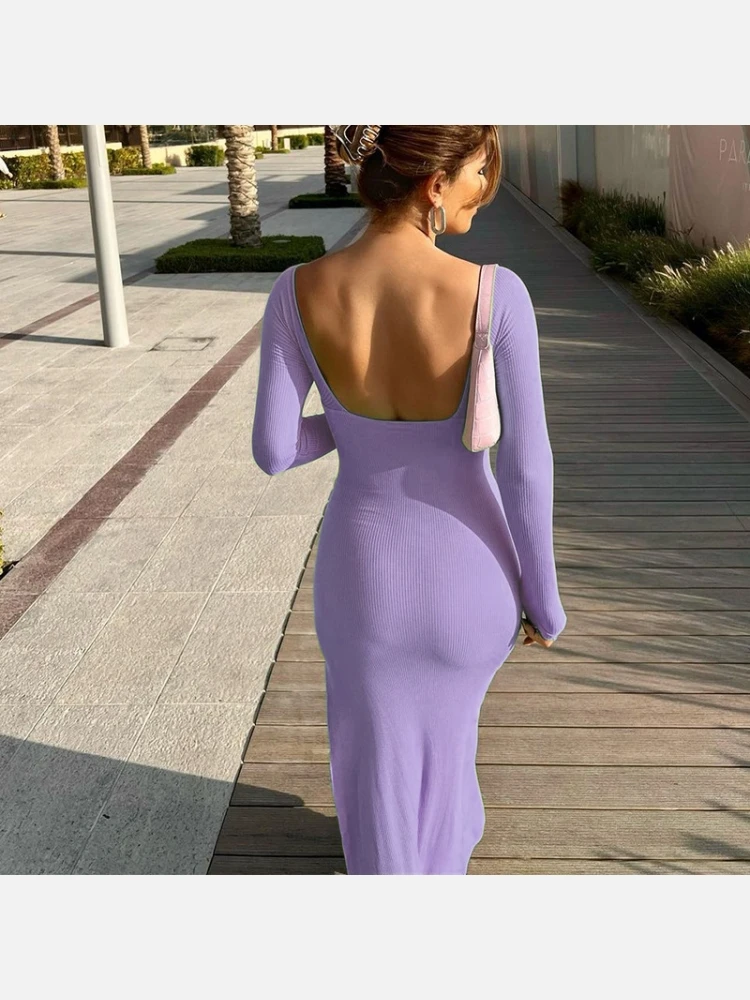 Long Sleeve Backless Fitted Slit Maxi Dress - Image 2