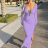 Long Sleeve Backless Fitted Slit Maxi Dress