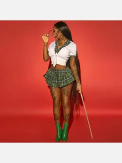 Sexy Plaid Short Sleeve Two Piece Skirt Sets