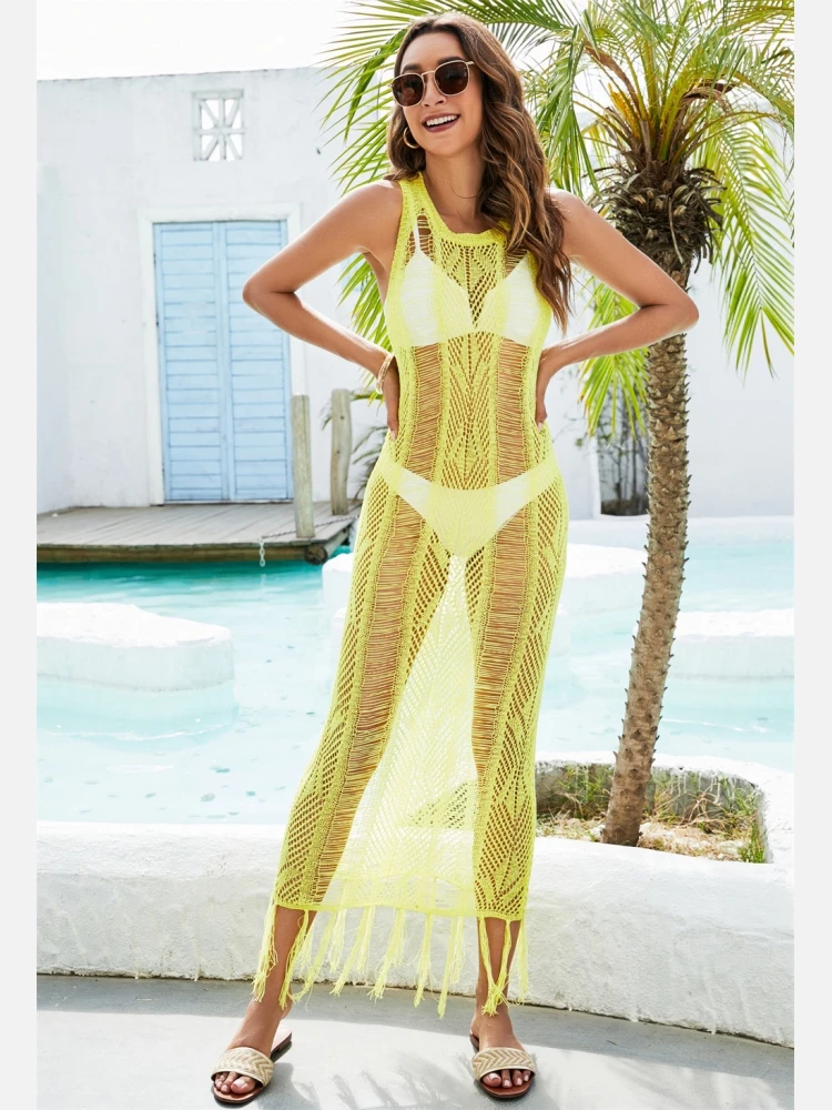 Hollowed Out Tassels Sleeveless One Piece Cover Up