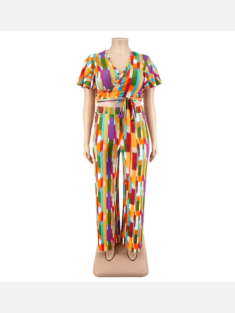 Plus Size V Neck Print Two Piece Outfits - Image 3