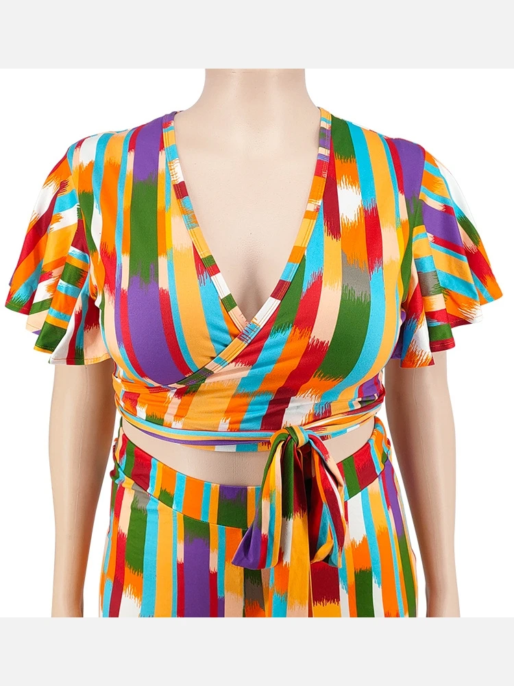 Plus Size V Neck Print Two Piece Outfits - Image 7