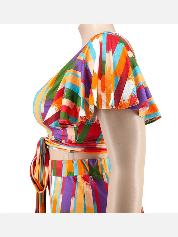 Plus Size V Neck Print Two Piece Outfits - Image 8