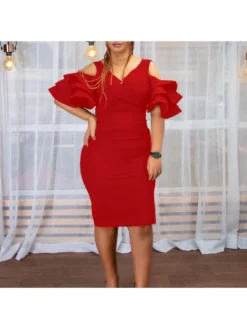 Casual V Neck Solid Ruffled Sleeve Dresses