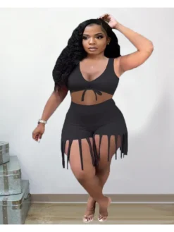 Solid Fashion Fringe Plus Size 2 Pieces Shorts Set
